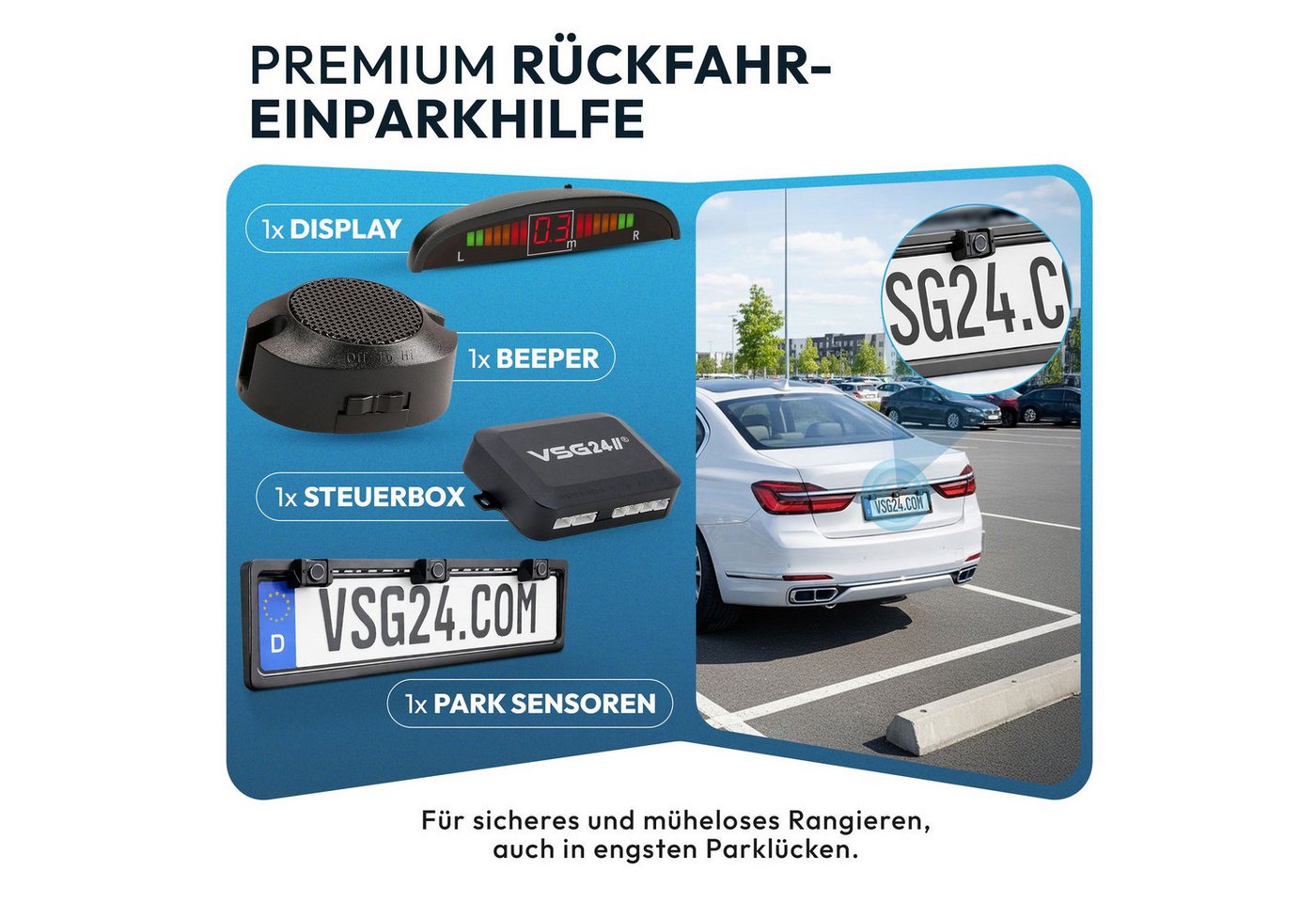 VSG24 Akustische Premium Einparkhilfe ECHO PLUS Parkhilfe zum nachrüsten PDC Rückfahrkamera (Rückfahrwarner mit Lautsprecher & 4 Sensoren Stecksystem Nachrüstsa – Bild 2 von 5
