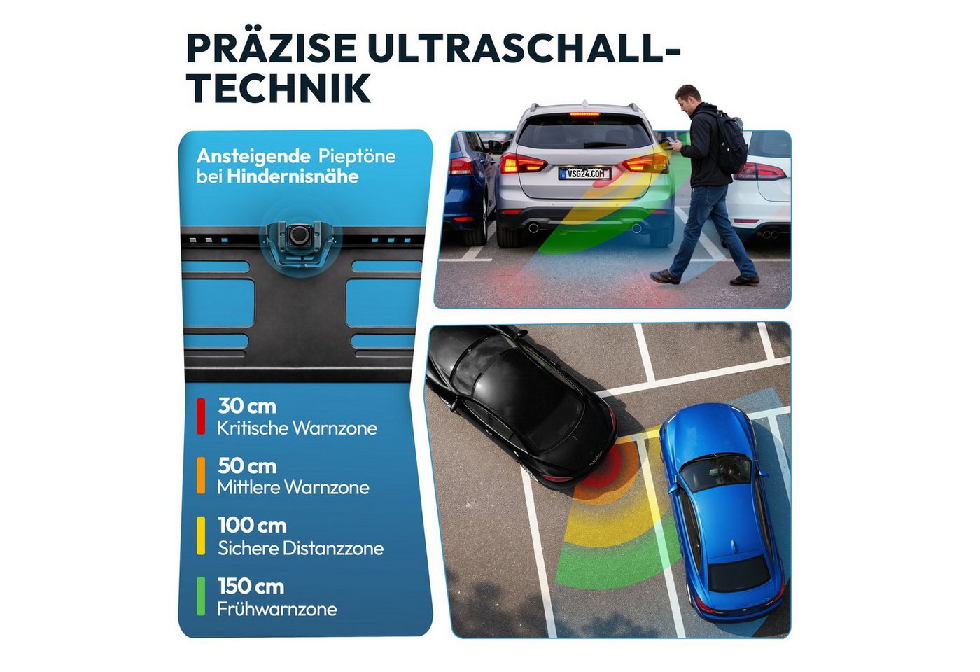 VSG24 Akustische Premium Einparkhilfe ECHO PLUS Parkhilfe zum nachrüsten PDC Rückfahrkamera (Rückfahrwarner mit Lautsprecher & 4 Sensoren Stecksystem Nachrüstsa – Bild 3 von 5