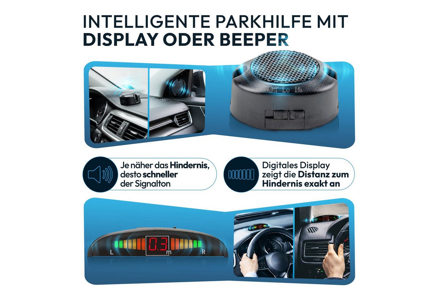 VSG24 Akustische Premium Einparkhilfe ECHO PLUS Parkhilfe zum nachrüsten PDC Rückfahrkamera (Rückfahrwarner mit Lautsprecher & 4 Sensoren Stecksystem Nachrüstsa – Bild 4 von 5