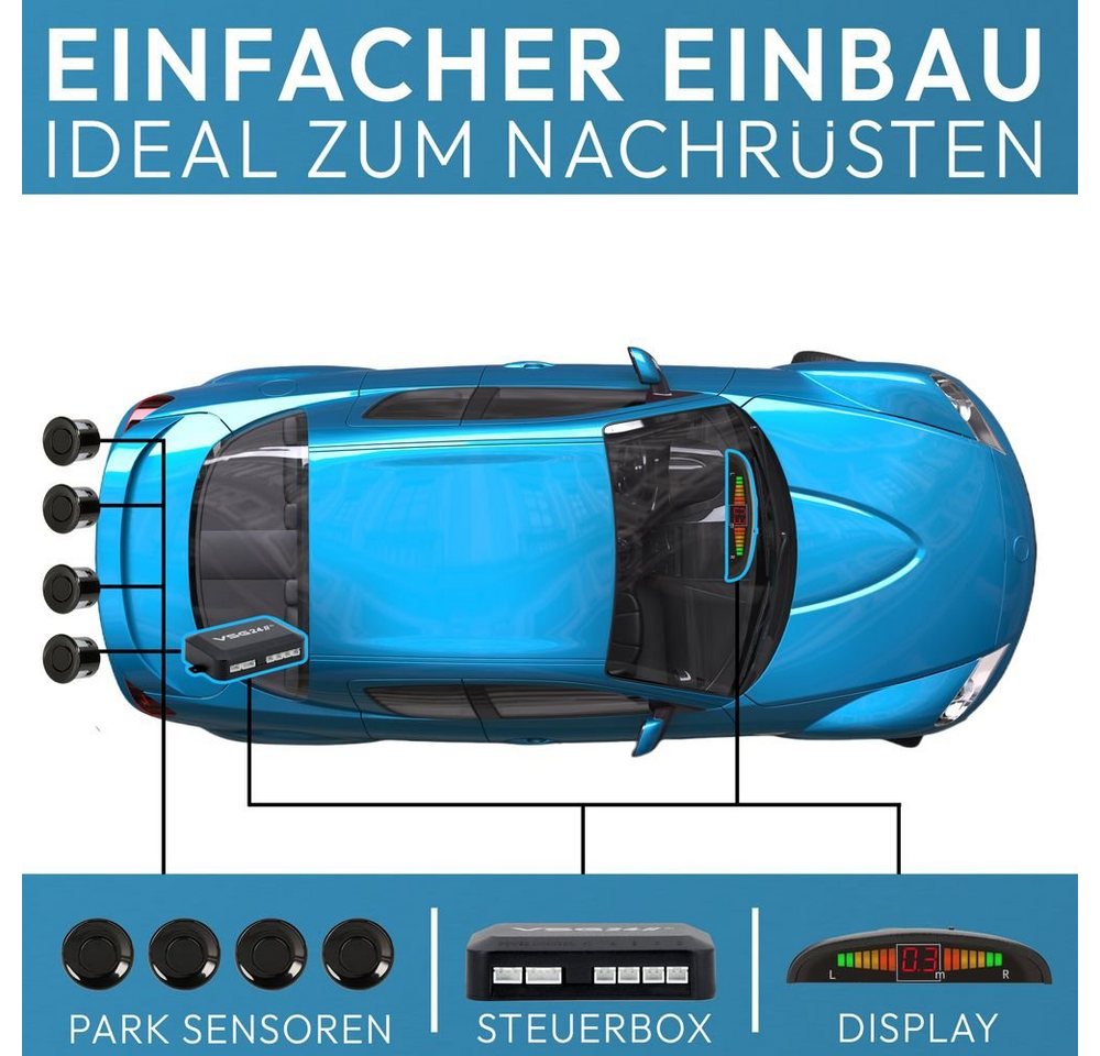 VSG24 Display Premium-Einparkhilfe ECHO PLUS Schwarz PDC-22121 Rückfahrkamera (4 x Parksensoren hinten mit Stecksystem, Parkhilfe inklusive Display) – Bild 4 von 5