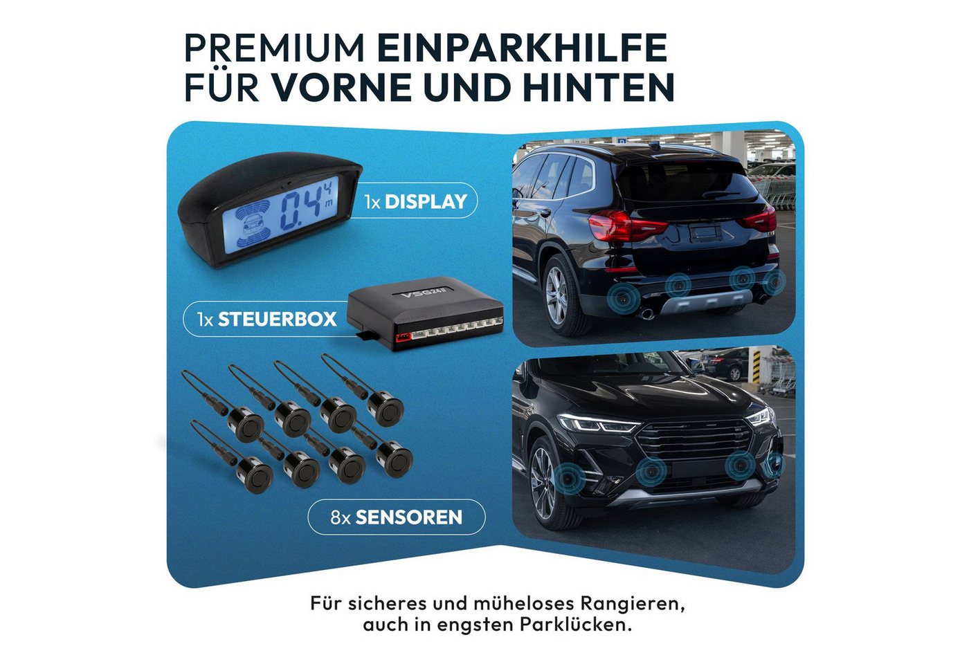 VSG24 Premium Kombi-Einparkhilfe ECHO PLUS Display Parkhilfe zum nachrüsten Rückfahrkamera (Rückfahrwarner mit Display & 8 Sensoren Stecksystem Nachrüstsatz PDC – Bild 2 von 5