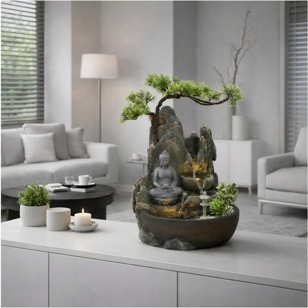 Wacredo Gartenbrunnen Premium Zimmerbrunnen Komplettset Buddha, Wasserbecken BxT: 25x26 cm, Gesamtmaß: 26 x 25 x 32cm (L x B x H)