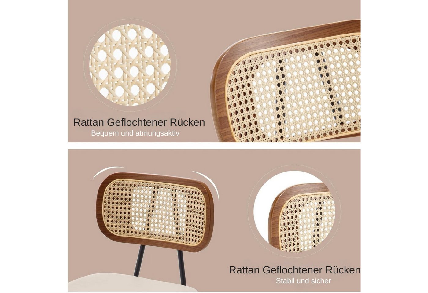 WAHSON OFFICE CHAIRS Esszimmerstuhl 2er Set,mit PU-Leder, Rattan-Rückenlehne und Holz für Küche/Wohnzimmer – Bild 4 von 5