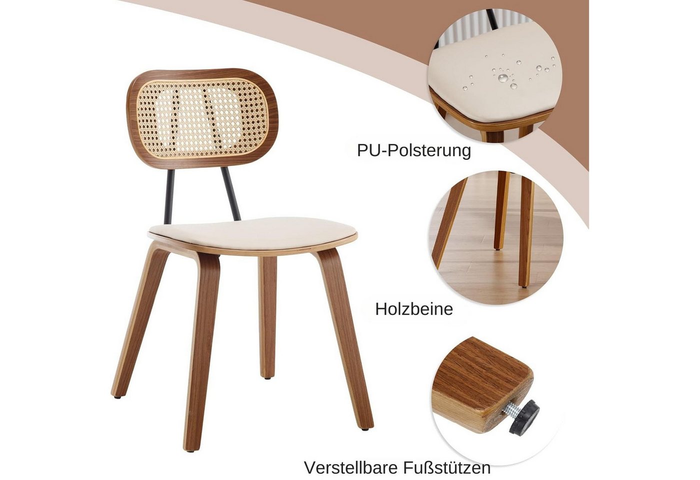 WAHSON OFFICE CHAIRS Esszimmerstuhl 2er Set,mit PU-Leder, Rattan-Rückenlehne und Holz für Küche/Wohnzimmer – Bild 5 von 5