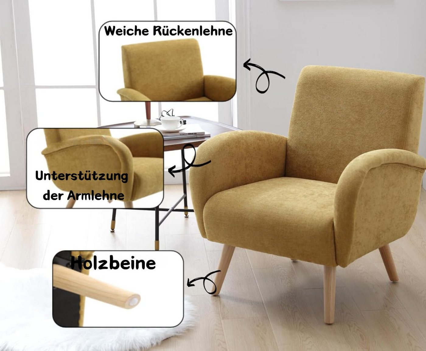 WAHSON OFFICE CHAIRS Sessel Retro Polstersessel mit Verdickte Rückenlehne und Massivholzbeinen – Bild 5 von 5