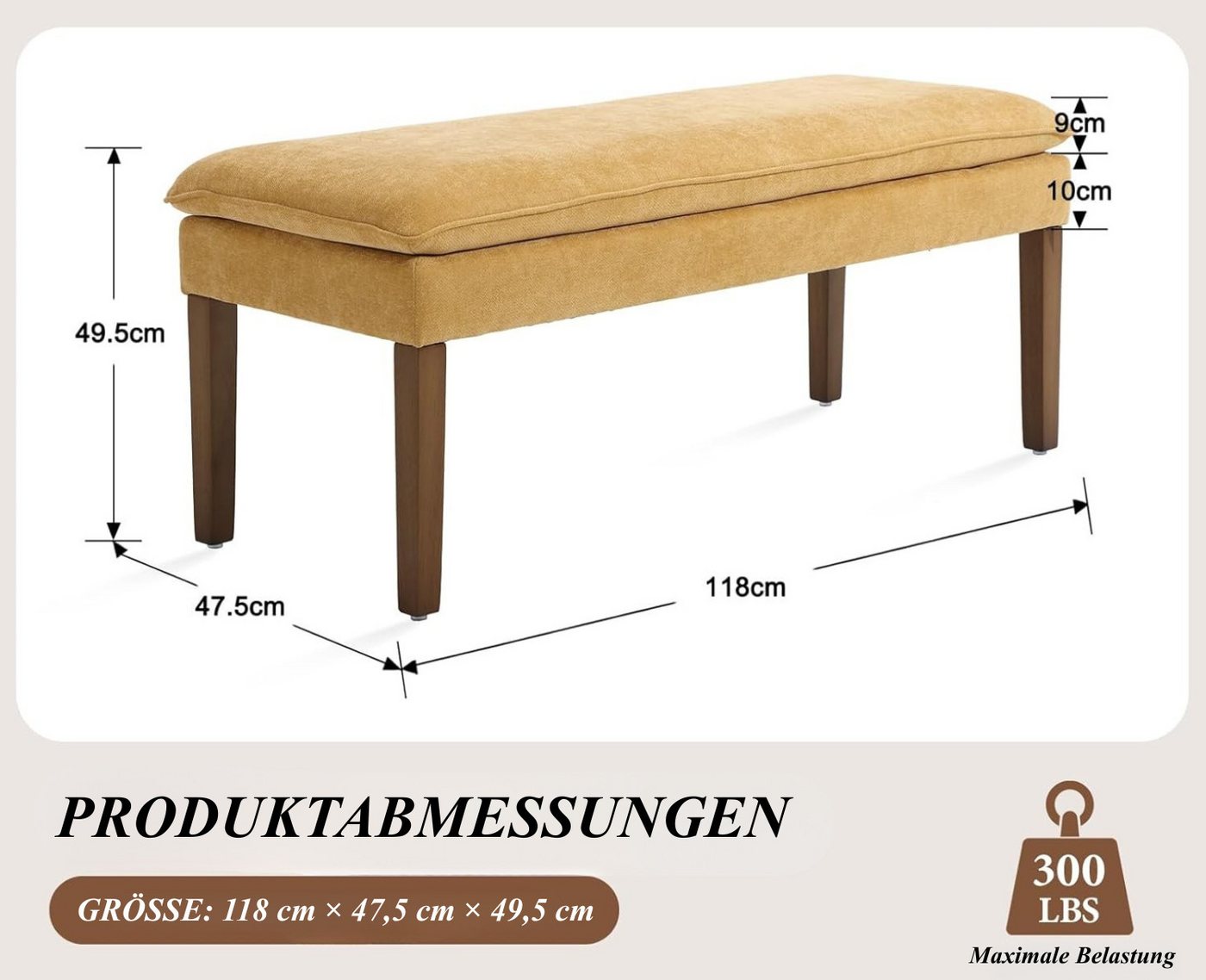 WAHSON OFFICE CHAIRS Sitzbank Sitzbank Chenille, Bettbank mit Holzbeinen mit Zweilagiges Polster – Bild 2 von 5
