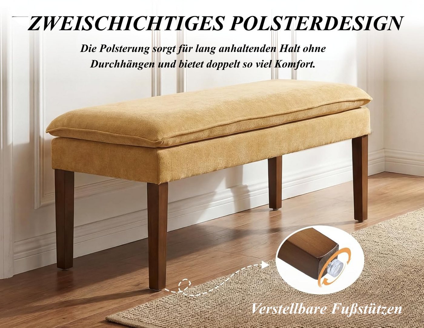 WAHSON OFFICE CHAIRS Sitzbank Sitzbank Chenille, Bettbank mit Holzbeinen mit Zweilagiges Polster – Bild 5 von 5