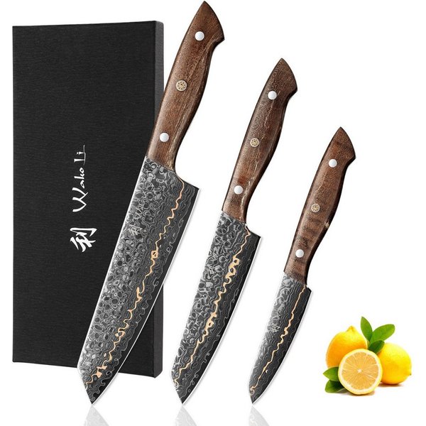 Wakoli Messer-Set 3 Damast Küchenmesser 9-18cm Klingen mit Kupfereinlage Ahornwurzelholz (Damastmesser-Set mit Geschenkbox, 3-tlg., 3er Damastmesser-Set), Damas