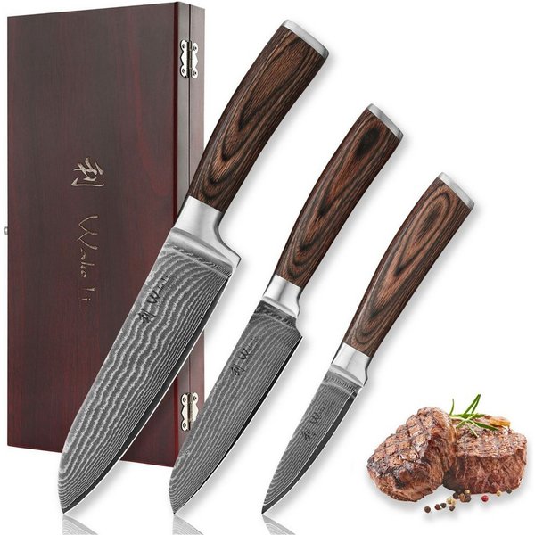 Wakoli Messer-Set Edib 3er Universal Kochmesser-Set 8 -17cm Klingen Pakkaholzgriffe (Küchenmesser Set in Holzbox, 3-tlg., 1x Santoku, Santoku klein, Spickmesser