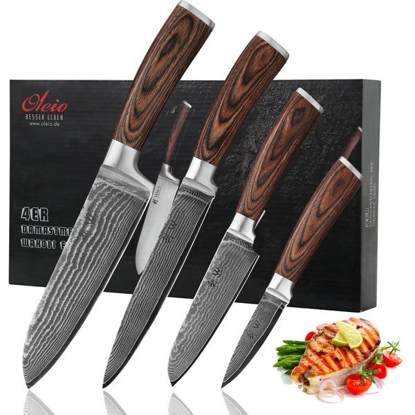 Wakoli Messer-Set Edib 4er Universal Kochmesser-Set 8 bis 18cm Klingen Pakkaholzgriffe (Damastmesser mit Geschenkbox, 4-tlg., 4er Damastmesser-Set), Küchenmesse
