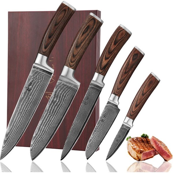 Wakoli Messer-Set Edib 5er Damastmesserset I Kochmesser Küchenmesser I 8 - 20cm Klingen (Damastmesser mit Geschenkbox, 5-tlg., 5er Damastmesser mit Holzbox), Kü