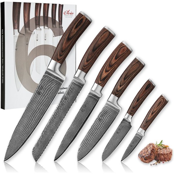 Wakoli Messer-Set Edib 6er Damastmesserset I Küchenmesser Kochmesser I 8 - 20 cm Klingen (Damastmesser mit Geschenkbox, 6-tlg., 6er Damastmesser-Set mit Geschen
