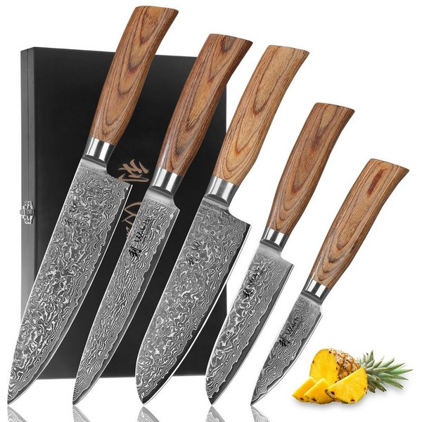 Wakoli Messer-Set Edib Pro 5 Damastmesser Küchenmesser 8-20 cm Klingen Pakkaholzgriffe (Damastmesser mit Geschenkbox, 5-tlg., 5er Damastmesser-Set mit Holzbox),