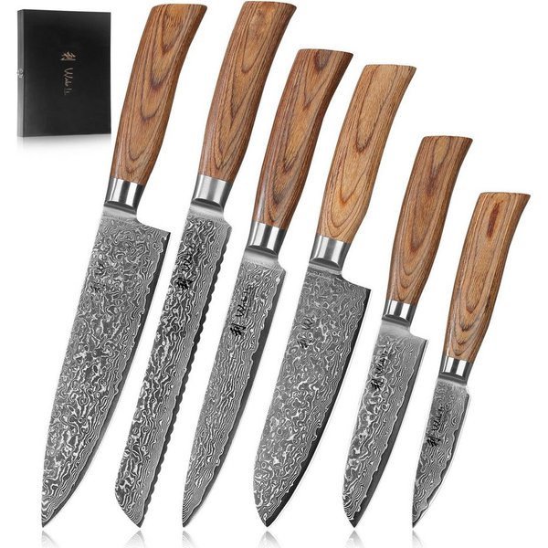 Wakoli Messer-Set Edib Pro 6 Damastmesser I Küchenmesser 8-20cm Klingen Pakkaholzgriffe (Damastmesser mit Geschenkbox, 6-tlg., 6er Damastmesser-Set mit Holzbox)