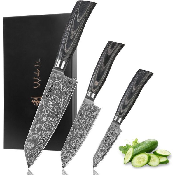 Wakoli Messer-Set Edib Pro Black 3 Damastmesser 9 -17cm Klingen Pakkaholzgriffe (Damastmesser mit Geschenkbox, 3-tlg., 3er Damastmesser-Set mit Holzbox), Aus 67