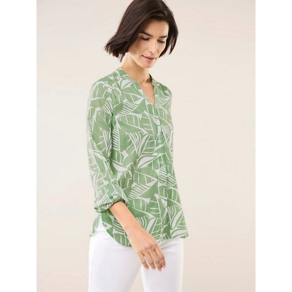 Walbusch Langarmbluse Damen Baumwollbluse V-Ausschnitt Langarm Regular Fit Leichter Voile-Sommerbluse, atmungsaktiv, Krempelärmel, pflegeleicht