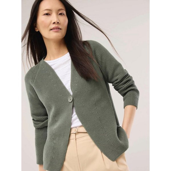 Walbusch Strickjacke Damen Strickjacke in Patentstrick V-Ausschnitt Langarm Baumwolle Cardigan mit großem Knopf, pflegeleicht & atmungsaktiv, Länge 62 cm