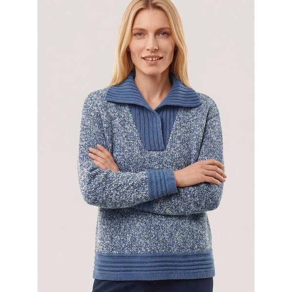Walbusch Strickpullover Damen Tweed Pullover mit weitem Kragen V-Ausschnitt Langarm, wärmend