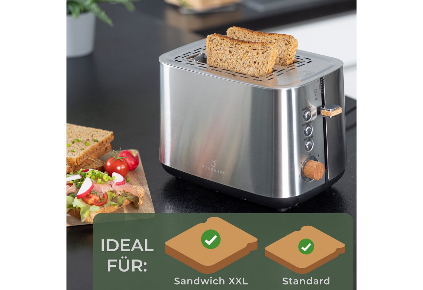 Waldwerk Toaster - 304 Edelstahl und Eichenholz - extra breite und tiefe Toastkammern, - mit Brötchenaufsatz - mit Krümelschublade – Bild 2 von 5