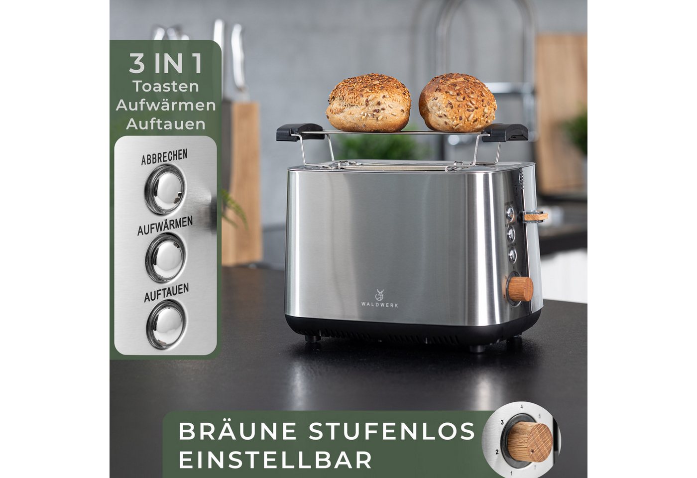 Waldwerk Toaster - 304 Edelstahl und Eichenholz - extra breite und tiefe Toastkammern, - mit Brötchenaufsatz - mit Krümelschublade – Bild 4 von 5