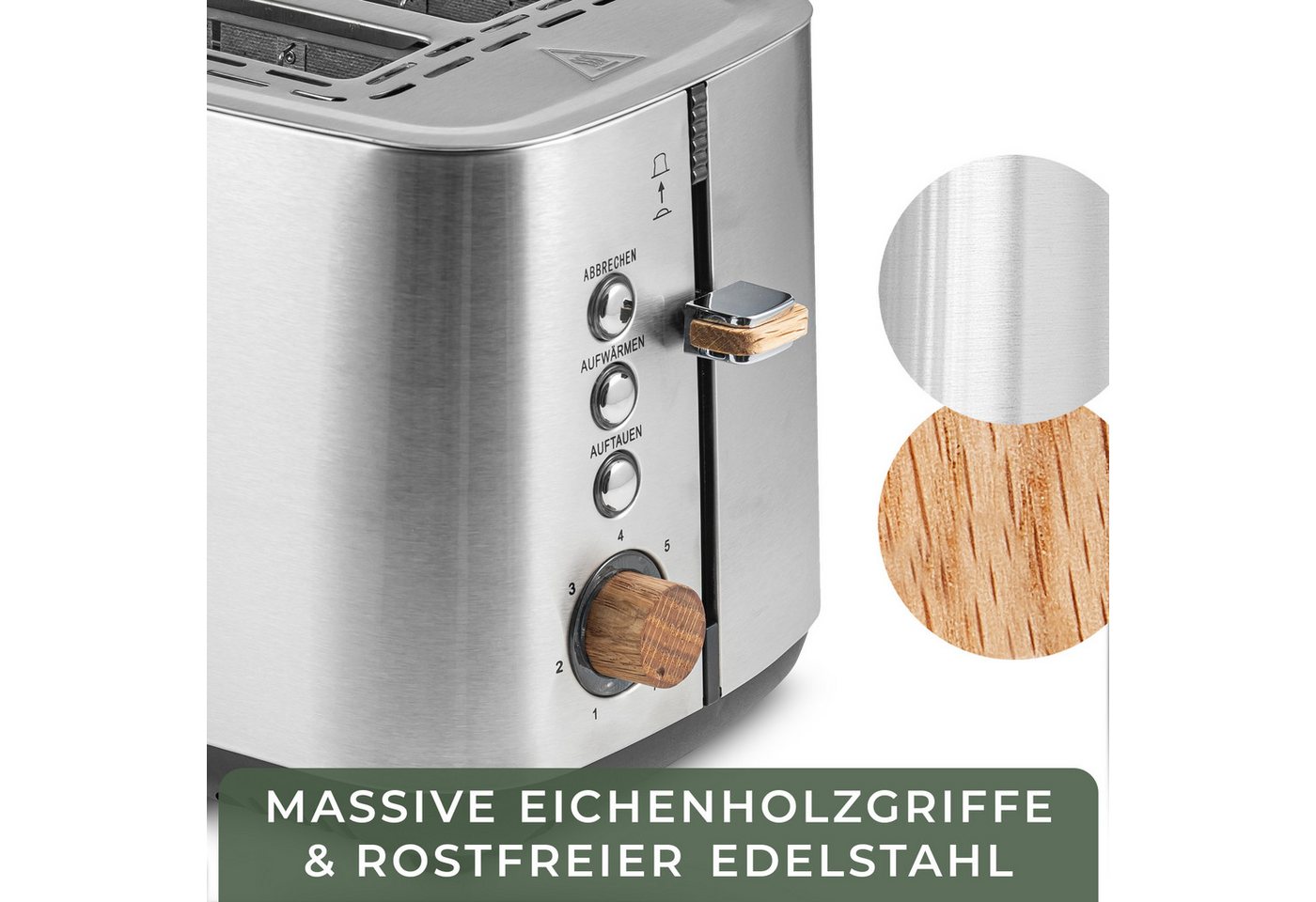 Waldwerk Toaster - 304 Edelstahl und Eichenholz - extra breite und tiefe Toastkammern, - mit Brötchenaufsatz - mit Krümelschublade – Bild 5 von 5