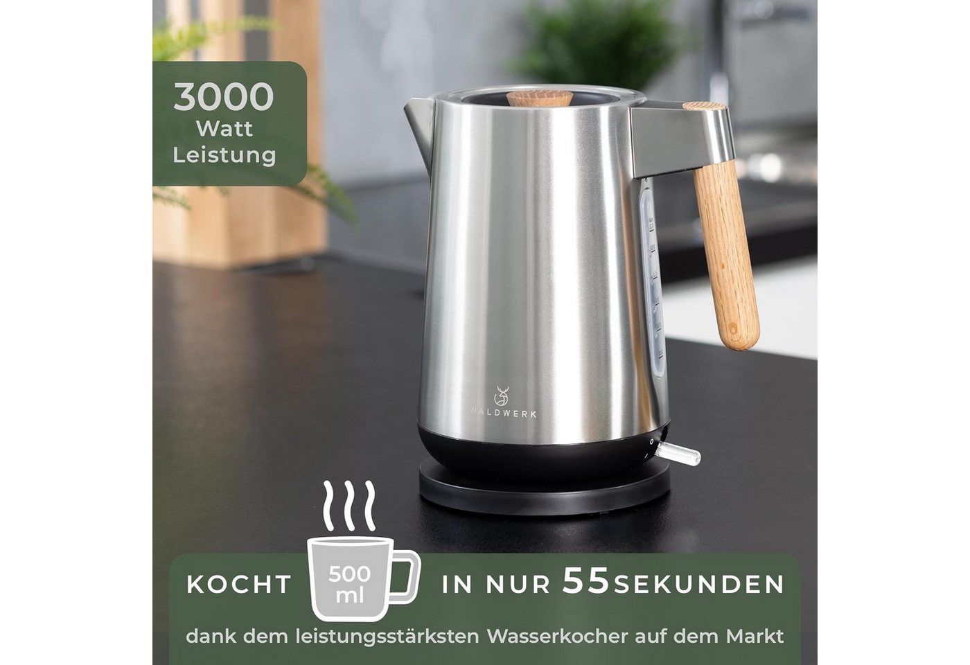 Waldwerk Wasserkocher - 3000 Watt - 1,7L - Eichenholz Griff - Rostfreier 304 Edelstahl, 1,7 l, 3000 W – Bild 2 von 5