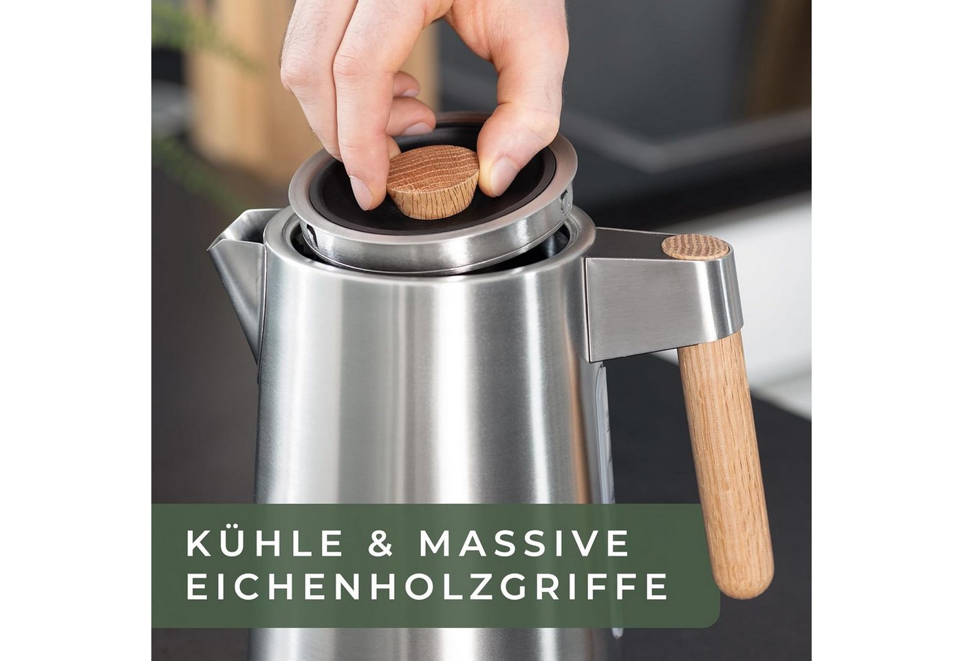 Waldwerk Wasserkocher - 3000 Watt - 1,7L - Eichenholz Griff - Rostfreier 304 Edelstahl, 1,7 l, 3000 W – Bild 3 von 5