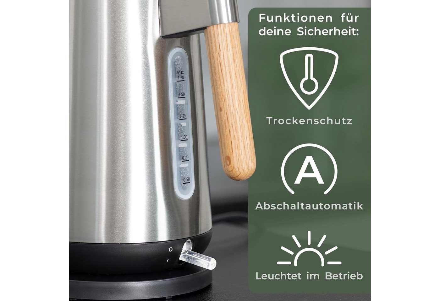 Waldwerk Wasserkocher - 3000 Watt - 1,7L - Eichenholz Griff - Rostfreier 304 Edelstahl, 1,7 l, 3000 W – Bild 4 von 5