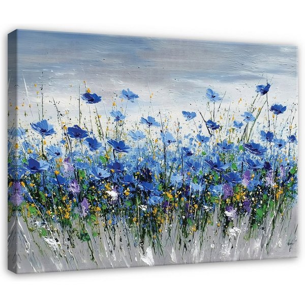 Wallarena Leinwandbild Blumen Aquarell - Blau - Elegant - Wohnzimmer, Blumen, 40x30x2cm