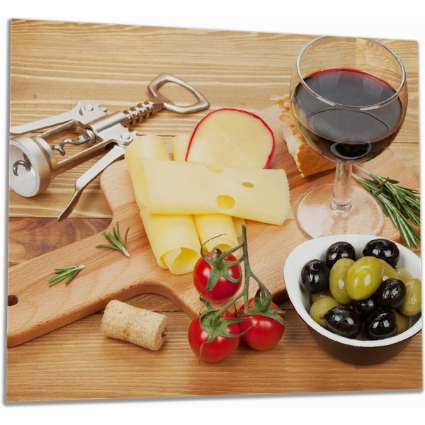 Wallario Herd-Abdeckplatte Genuss am Abend - Rotwein, Käseplatte, Oliven und Tomaten, ESG-Sicherheitsglas, (Glasplatte, 1 tlg., inkl. 5mm Noppen), verschiedene