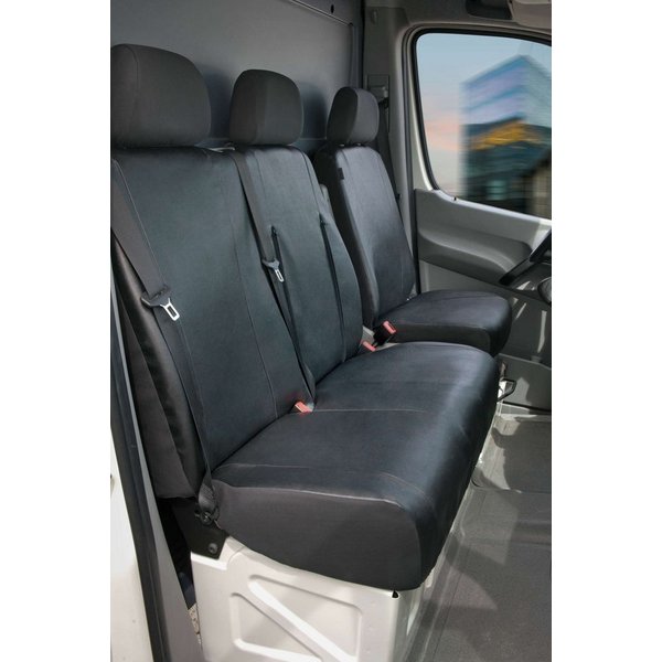 WALSER Autositzbezug Transporter VW Crafter Passfor, 1 Einzelsitzbezug vorne mit Ausnehmung Armlehne, 1 Doppelbankbezug vorne Sitzbank klappbar, Ausnehmung Tisc