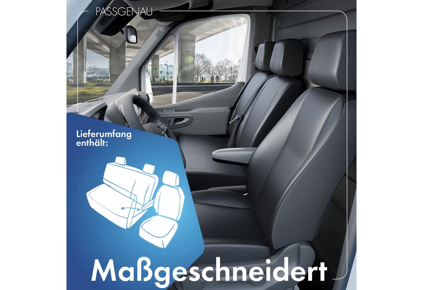 WALSER Autositzbezug Transporter VW Crafter Passfor, 1 Einzelsitzbezug vorne mit Ausnehmung Armlehne, 1 Doppelbankbezug vorne Sitzbank klappbar, Ausnehmung Tisc – Bild 2 von 5