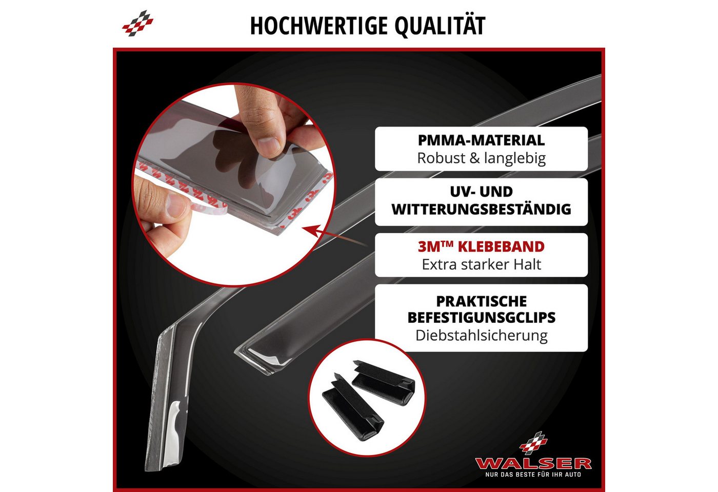 WALSER Autosonnenschutz Passform Windabweiser, (12-St., 4 Windabweiser vorne und hinten, 8 Befestigungsklammern) – Bild 5 von 5