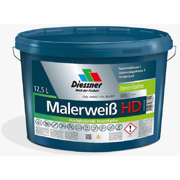 Diessner Wandfarbe Diessner Malerweiss HD Wandfarbe Deckenfarbe Farbe weiss 12,5 L