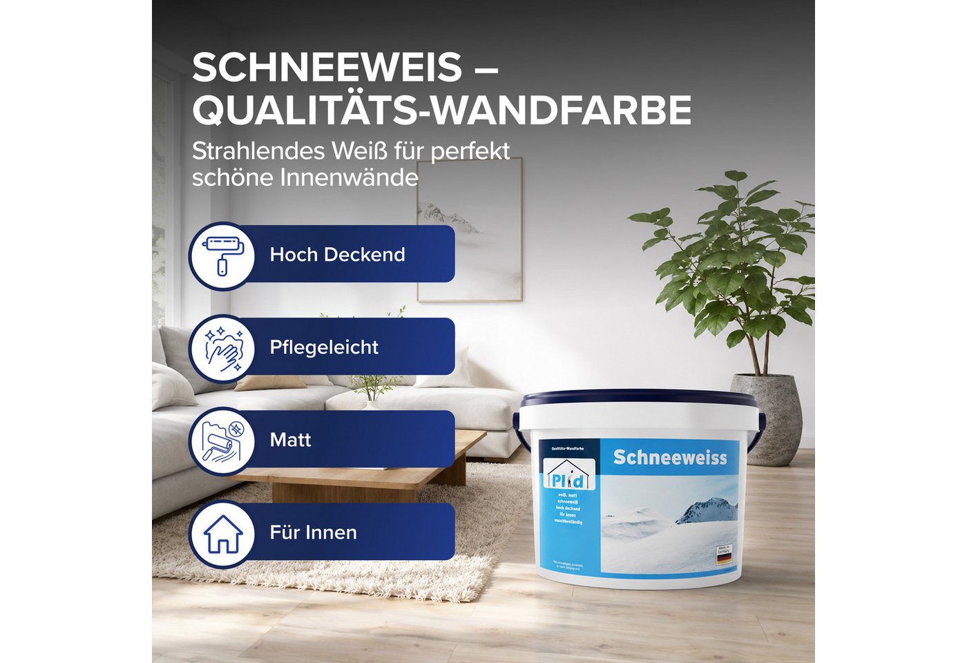 plid Wandfarbe Plid Schneeweiß Wanfarbe innen - Deckenfarbe - Polarweiß - Innenfarbe, Gute Deckkraft, wenig spritzen – Bild 2 von 5