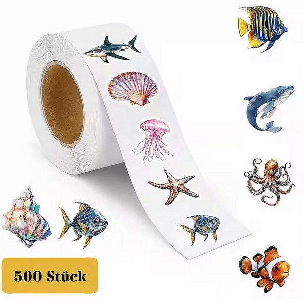 Ware aus aller Welt Sticker 500 Meerestiere Sticker Rolle Fische Seesterne Muscheln Krake ...