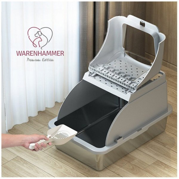 Warenhammer Katzentoilette Katzenklo XXL Premium - Edelstahl mit Deckel - große Frontöffnung, B x L x H : 62 x 41 x 40 cm