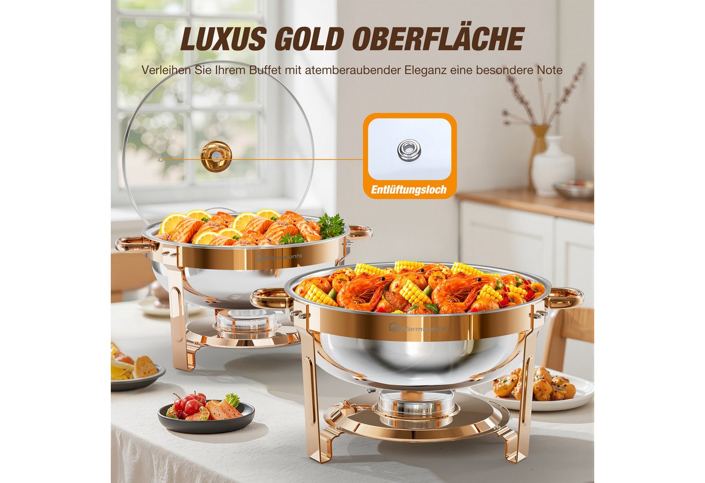 Warmounts Speisenwärmer, (4-tlg), Chafing Dish Speisenwärmer Set, rund, Edelstahl, Buffet Warmhalte-Set – Bild 3 von 5