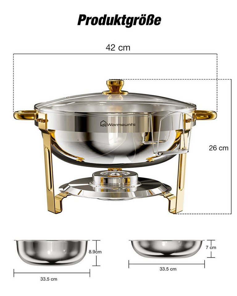 Warmounts Speisenwärmer, (2-tlg), Chafing Dish Speisenwärmer Set, rund, Edelstahl, Buffet Warmhalter-Set – Bild 4 von 5