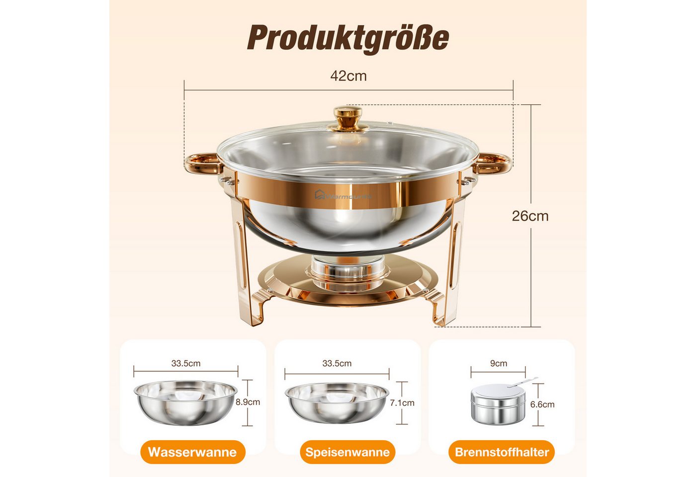 Warmounts Speisenwärmer, (2-tlg), Chafing Dish Speisenwärmer Set, rund, Edelstahl, Buffet Warmhalte-Set – Bild 4 von 5