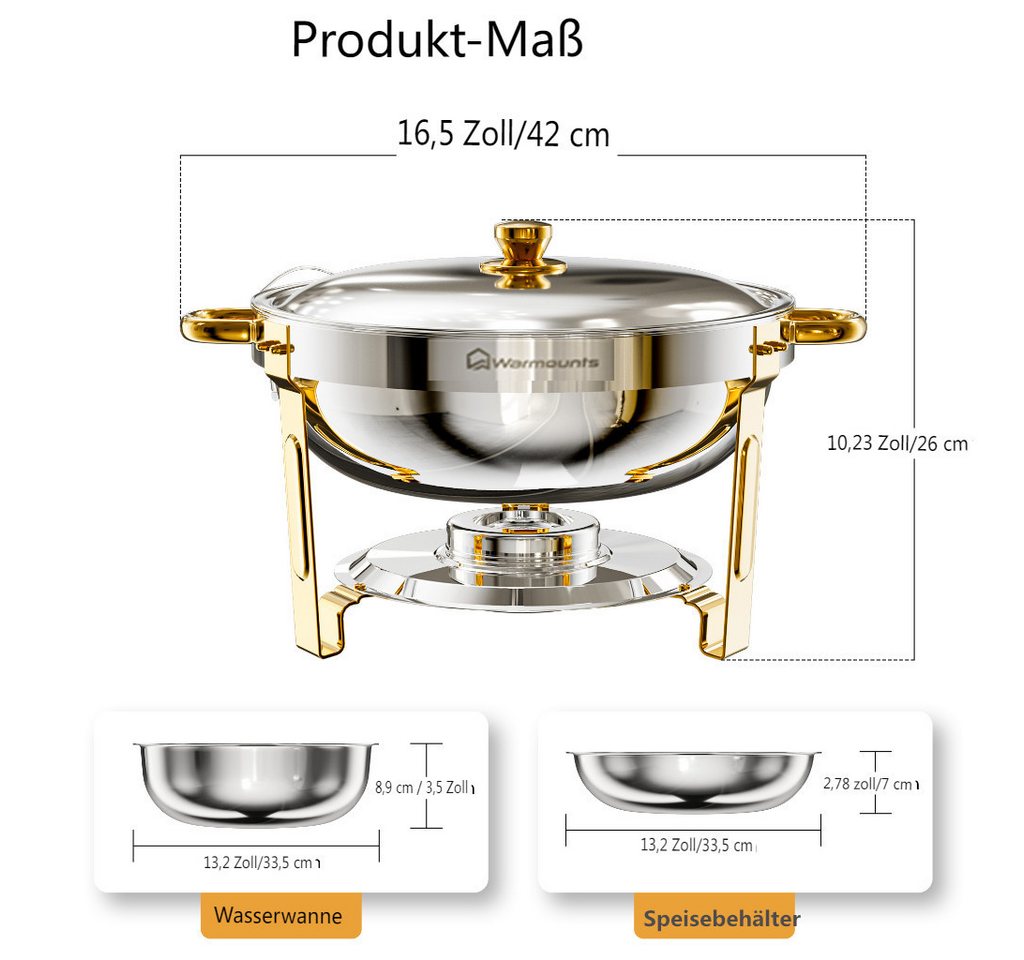 Warmounts Speisenwärmer 4,7L Luxus Buffetwärmer Edelstahl, (2-tlg., Chafing Dish Speisenwärmer Set, 5QT Rund Buffet Warmhalter-Set), für Party, Hochzeit, Weihna – Bild 4 von 5