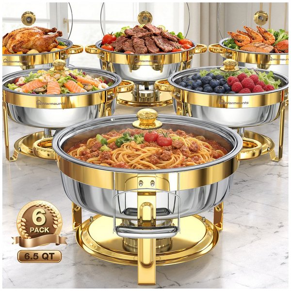 Warmounts Speisenwärmer 6,15L Chafing Dish Speisenwärmer Set, (4-tlg., Rund, 6,5 QT Edelstahl mit Deckelhalter und Glasdeckel), Buffet Warmhalter-Set für Cateri