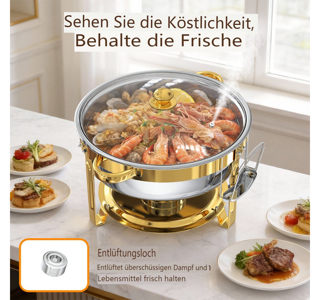 Warmounts Speisenwärmer 6,15L Chafing Dish Speisenwärmer Set, (4-tlg., Rund, 6,5 QT Edelstahl mit Deckelhalter und Glasdeckel), Buffet Warmhalter-Set für Cateri – Bild 3 von 5