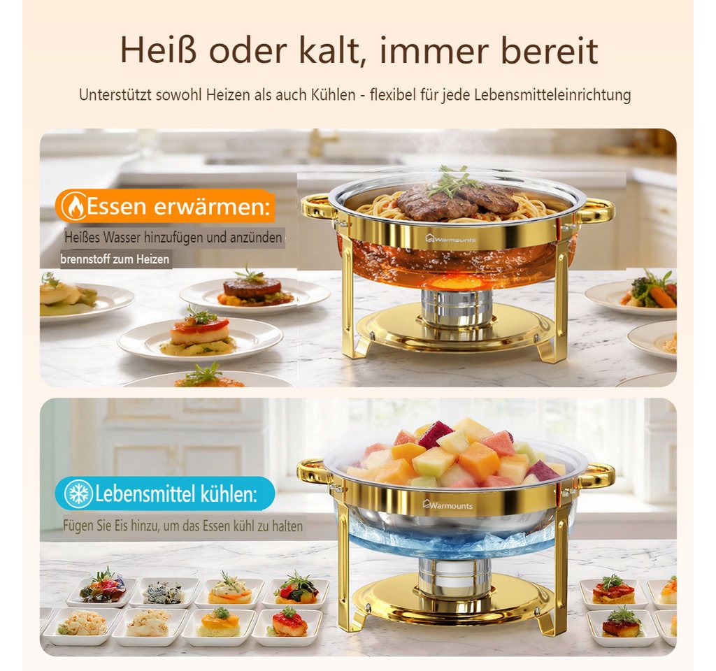 Warmounts Speisenwärmer 6,15L Chafing Dish Speisenwärmer Set, (4-tlg., Rund, 6,5 QT Edelstahl mit Deckelhalter und Glasdeckel), Buffet Warmhalter-Set für Cateri – Bild 4 von 5