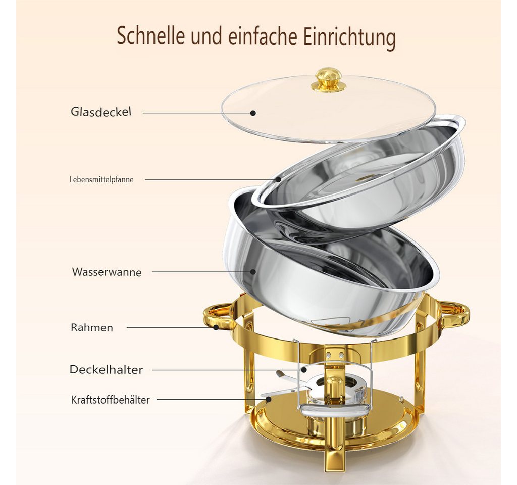 Warmounts Speisenwärmer 6,15L Chafing Dish Speisenwärmer Set, (4-tlg., Rund, 6,5 QT Edelstahl mit Deckelhalter und Glasdeckel), Buffet Warmhalter-Set für Cateri – Bild 5 von 5