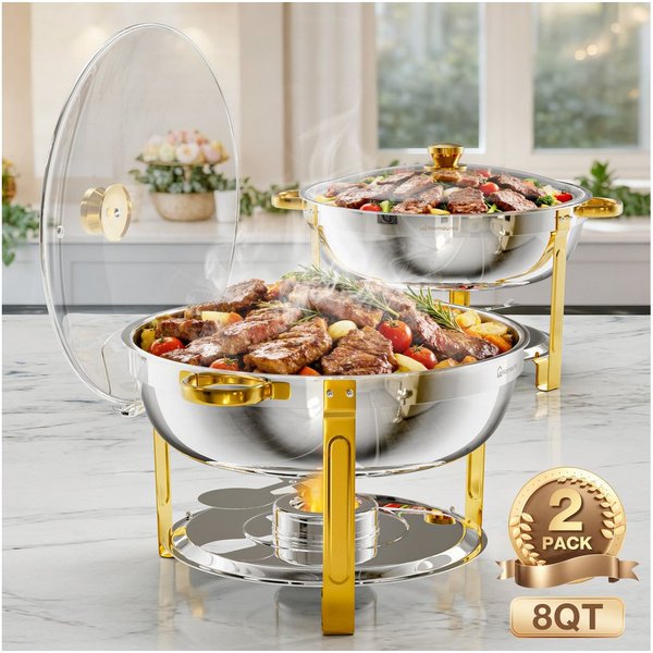 Warmounts Speisenwärmer 7,5 L Chafing Dish Speisenwärmer Set, (2-tlg., 8QT Rund, Edelstahl mit Deckelhalter und Glasdeckel), Buffet Warmhalter-Set für Catering,