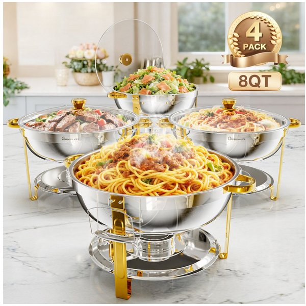 Warmounts Speisenwärmer 7,5 L Chafing Dish Speisenwärmer Set, (4-tlg., 8QT Rund, Edelstahl mit Deckelhalter und Glasdeckel), Buffet Warmhalter-Set für Catering,