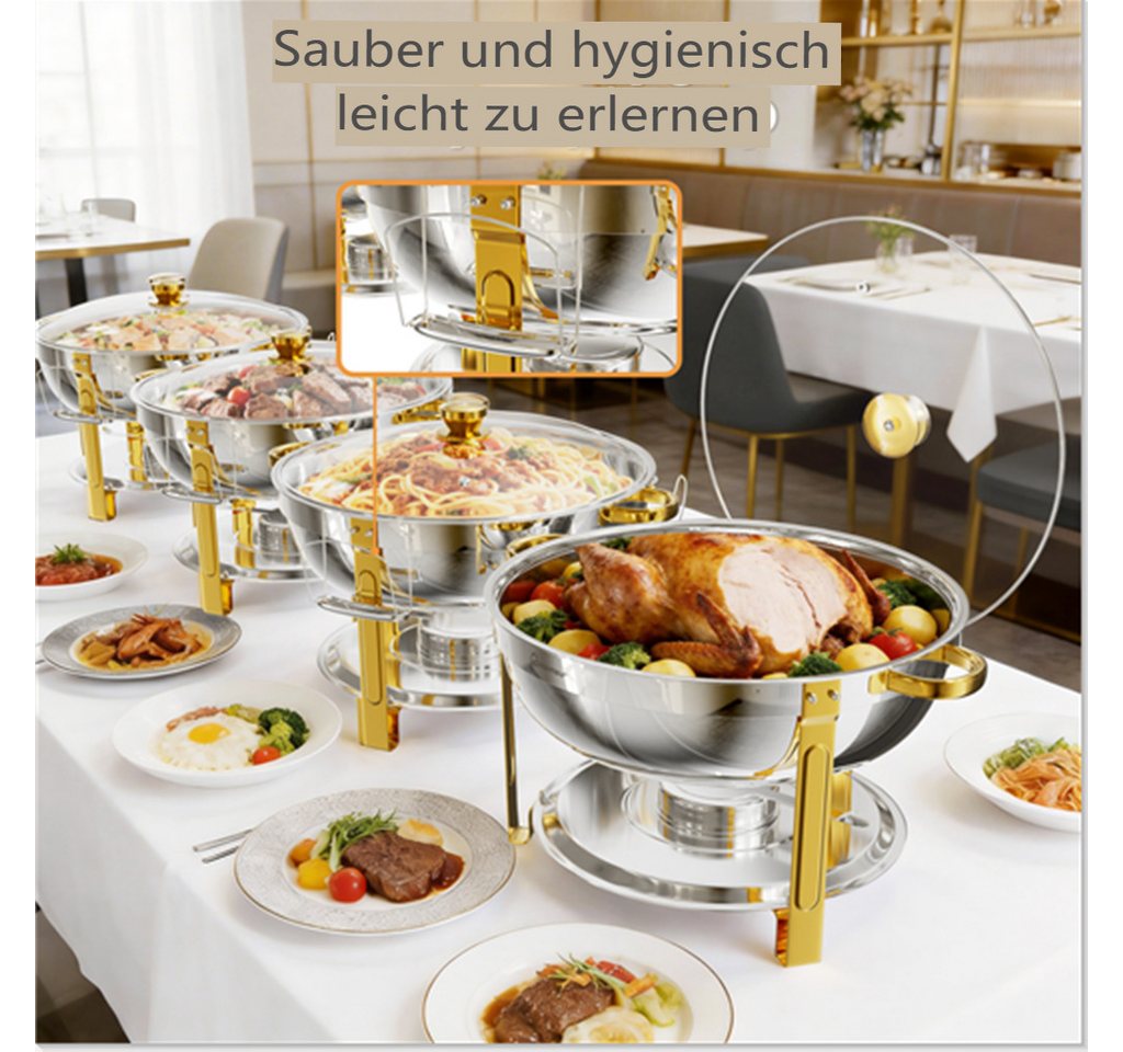 Warmounts Speisenwärmer 7,5 L Chafing Dish Speisenwärmer Set, (4-tlg., 8QT Rund, Edelstahl mit Deckelhalter und Glasdeckel), Buffet Warmhalter-Set für Catering, – Bild 2 von 5