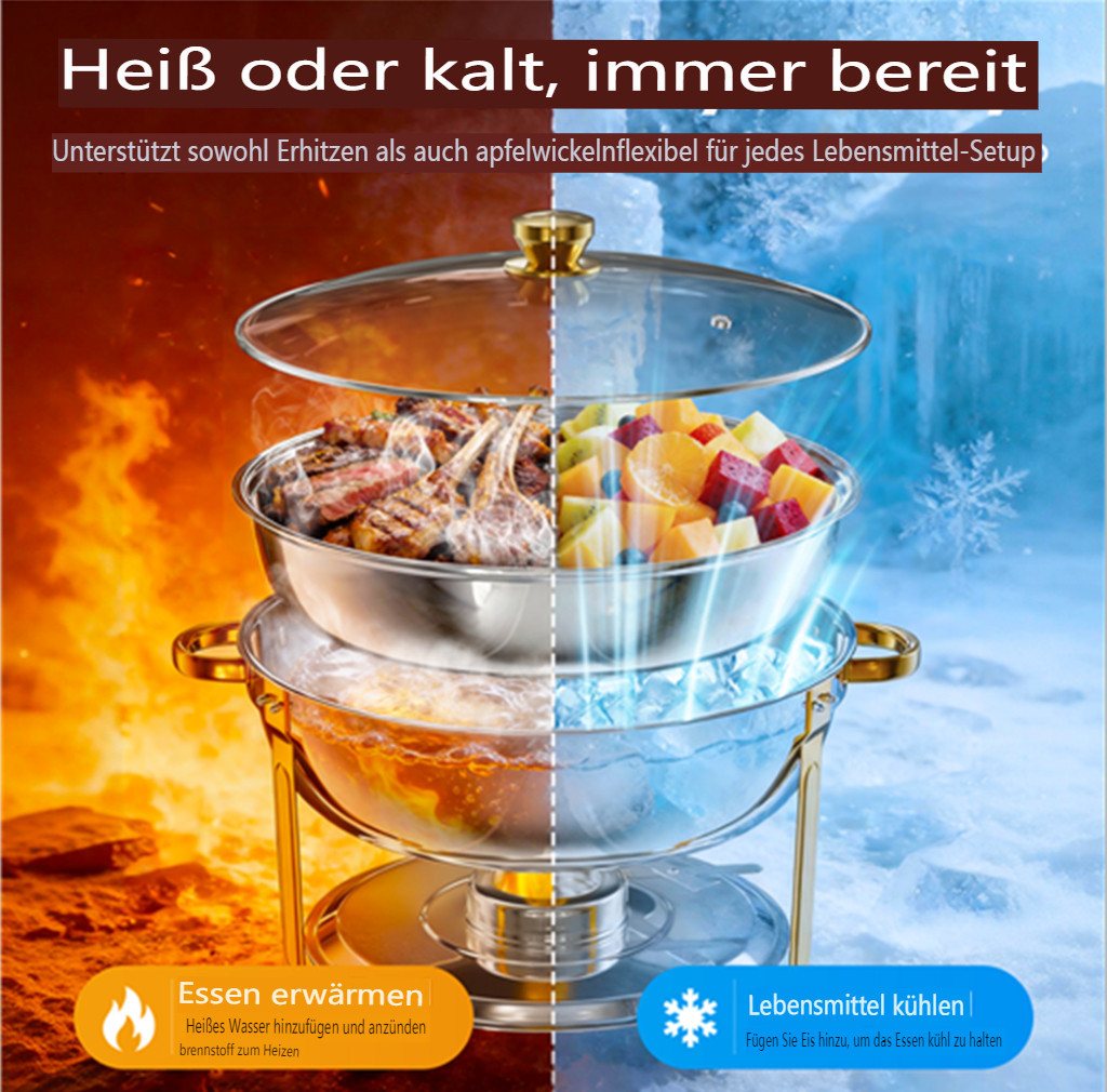 Warmounts Speisenwärmer 7,5 L Chafing Dish Speisenwärmer Set, (4-tlg., 8QT Rund, Edelstahl mit Deckelhalter und Glasdeckel), Buffet Warmhalter-Set für Catering, – Bild 4 von 5