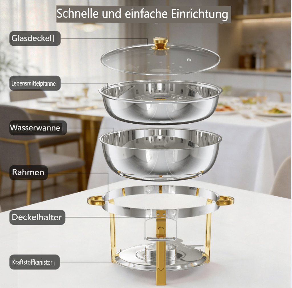 Warmounts Speisenwärmer 7,5 L Chafing Dish Speisenwärmer Set, (4-tlg., 8QT Rund, Edelstahl mit Deckelhalter und Glasdeckel), Buffet Warmhalter-Set für Catering, – Bild 5 von 5